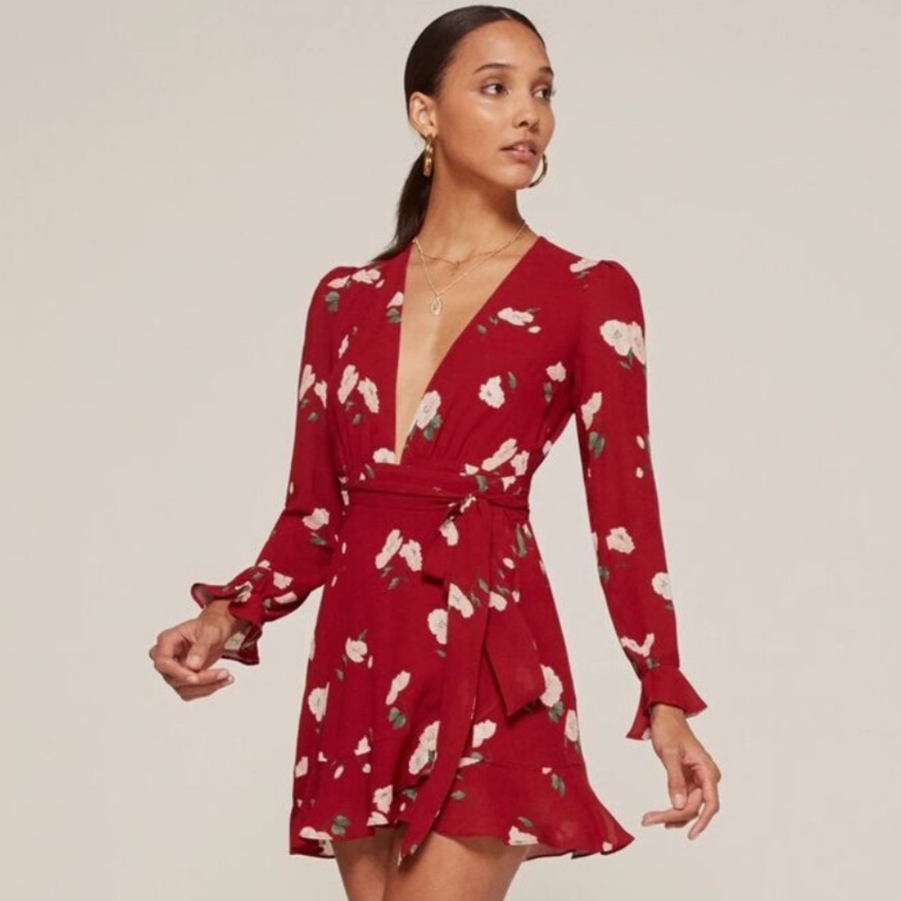 Reformation Red Floral Wrap Dress Size MP